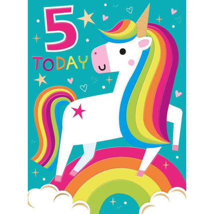 Unicorn 5th Birthday Card for Girls - Vibrant Rainbow Design - Embossed Foil Finish - Age 5 Birthday Greeting Card for Her