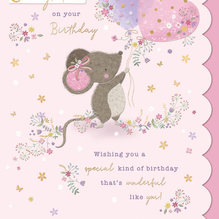 Birthday Card for Daughter - Cute Floral Mouse & Love Hearts - Embossed Gold Foil Finish - Premium Greeting Card with Envelope