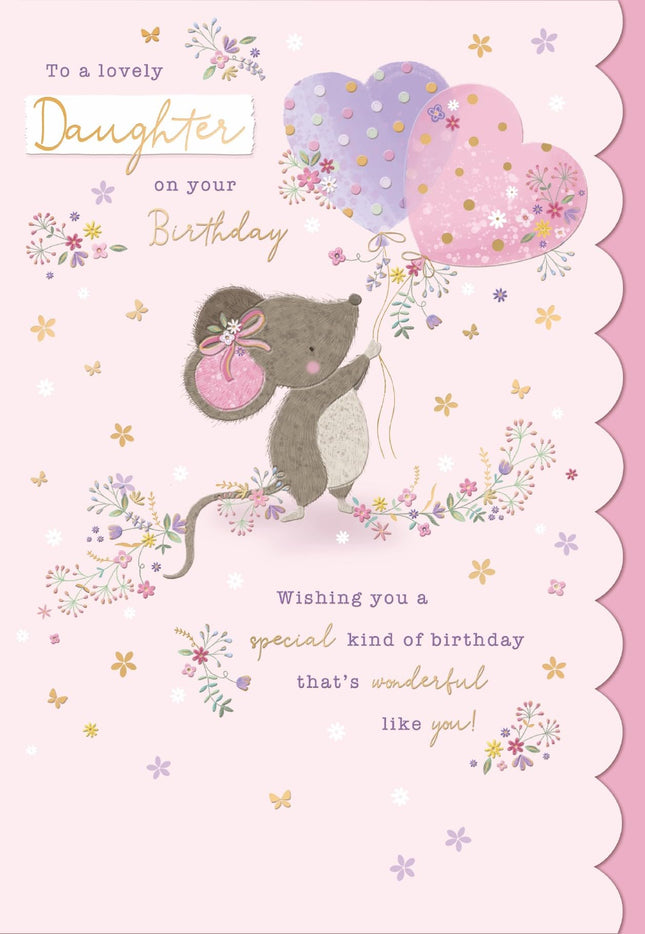 Birthday Card for Daughter - Cute Floral Mouse & Love Hearts - Embossed Gold Foil Finish - Premium Greeting Card with Envelope