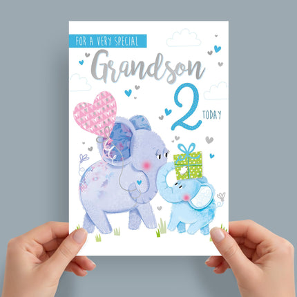 2nd Birthday Card for a Special Grandson, Cute Elephant & Baby