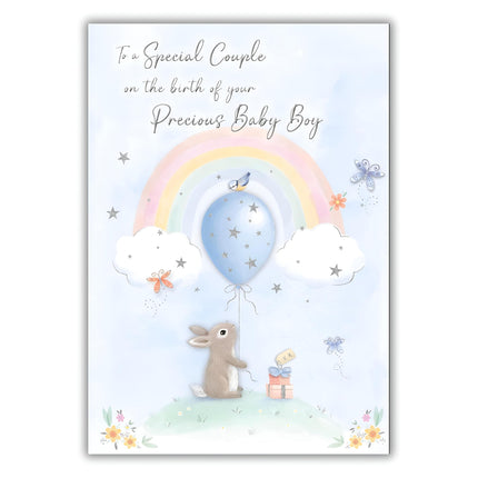 New Baby Boy Birth Congratulations Card - To a Special Couple - Cute Artistic Rabbit and Rainbow Design - Made in the UK - Eco-Friendly
