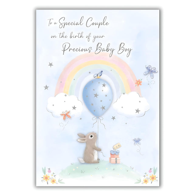New Baby Boy Birth Congratulations Card - To a Special Couple - Cute Artistic Rabbit and Rainbow Design - Made in the UK - Eco-Friendly