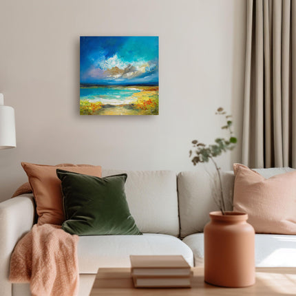Artistic Abstract Ocean Skies Canvas Wall Art - 'Cornish Coastline' by Anna Schofield - Dramatic Nature Themed Artwork - Ready to Hang Home Décor - 30cm x 30cm