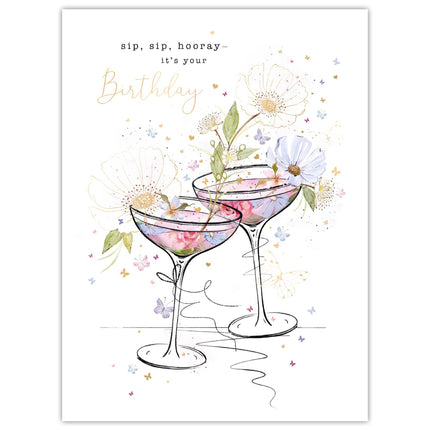Birthday Card for Women - Pretty Floral Cocktail Design - Embossed Gold Foil Finish - Premium Greeting Card with Envelope