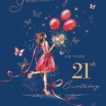 21st Birthday Card for Granddaughter - Age 21 Elegant Girl & Floral Butterfly Design - Premium Greeting Card with Envelope