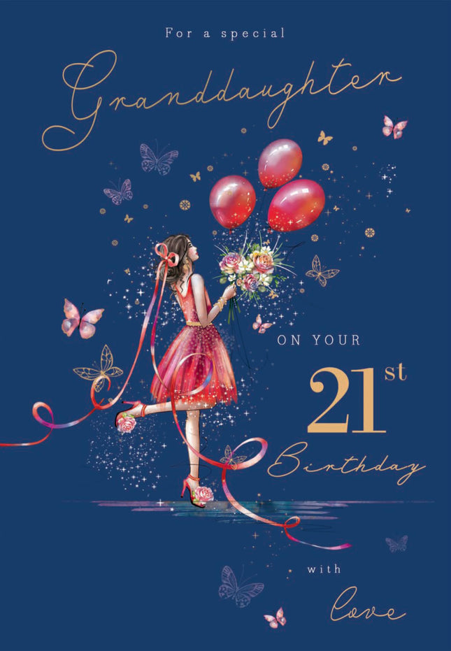 21st Birthday Card for Granddaughter - Age 21 Elegant Girl & Floral Butterfly Design - Premium Greeting Card with Envelope