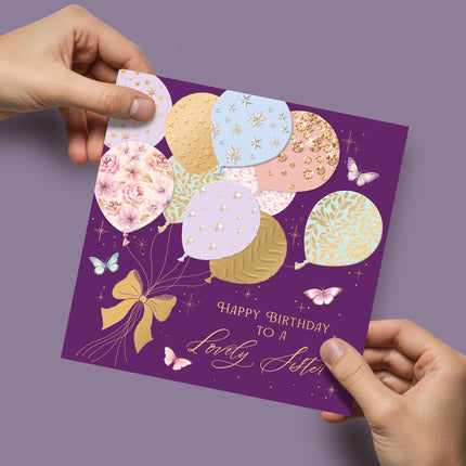 Birthday Card for Lovely Sister - Elegant Floral Balloons & Butterflies - Premium Greeting Card with Envelope - Eco-Friendly & Recyclable