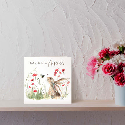 Welsh Birthday Card for Daughter, Hare & Flowers Design