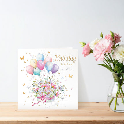 Birthday Card for Her, Floral Balloon Bouquet, Embossed Foil