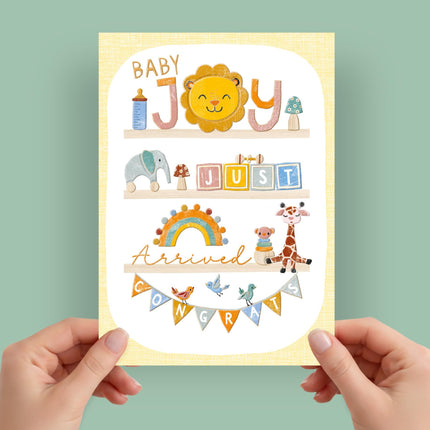 New Baby Congratulations Card, Gender Neutral Baby Shelves Design