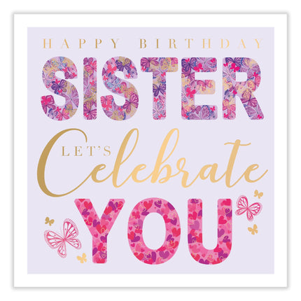 Birthday Card for Sister - Pretty Butterflies & Love Hearts Design - Embossed Gold & Pink Foil Finish - Premium Greeting Card with Envelope