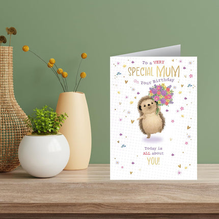 Birthday Card for a Special Mum – Hedgehog & Flowers Design