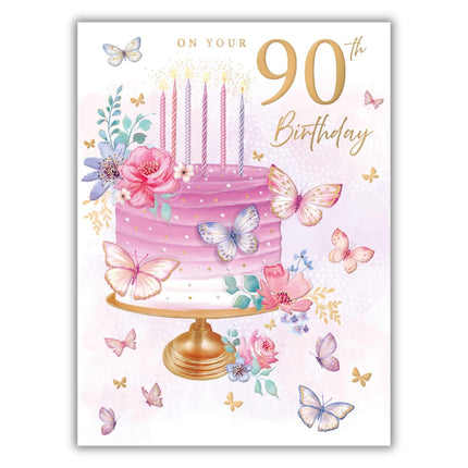90th Birthday Card for Women - Pretty Floral Cake Design - Embossed Gold Foil Finish - Age 90 Birthday Greeting Card for Her