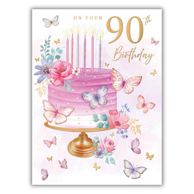90th Birthday Card for Women - Pretty Floral Cake Design - Embossed Gold Foil Finish - Age 90 Birthday Greeting Card for Her