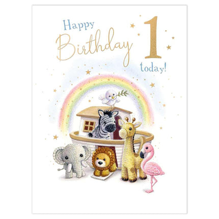 1st Birthday Card for Boys - Age 1 Cute Animals & Ark Design - Embossed Gold Foil Finish - Milestone Premium Greeting Card with Envelope