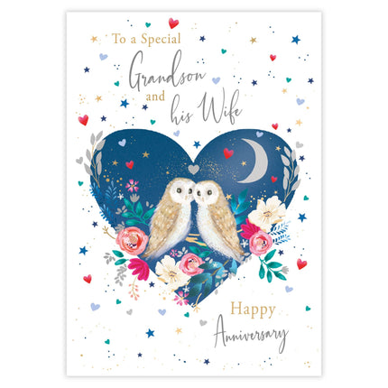 Happy Anniversary Card - For Grandson & His Wife - Owls in a Floral Love Heart Design - 9 x 6 - Premium Quality Special Anniversary Greeting Card with Envelope
