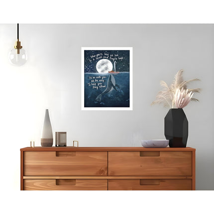 Whale and Fox Ocean at Night Framed Wall Art Print - 'Stay Afloat' by Fox Under The Moon - Thoughtful Support & Encouragement Picture - 26 x 32cm Frame