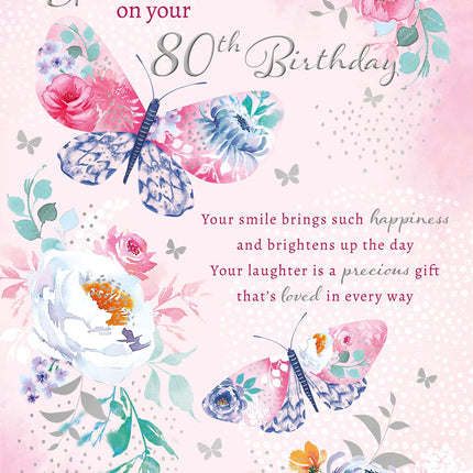 Special Mum 80th Birthday Card - Happy Birthday Card Age 80 with Sentimental Verse and Artistic Feminine Floral Butterfly Design - Birthday Card for Women