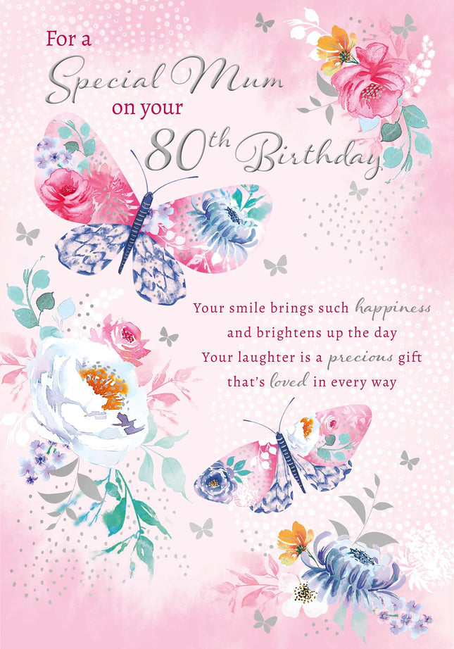 Special Mum 80th Birthday Card - Happy Birthday Card Age 80 with Sentimental Verse and Artistic Feminine Floral Butterfly Design - Birthday Card for Women