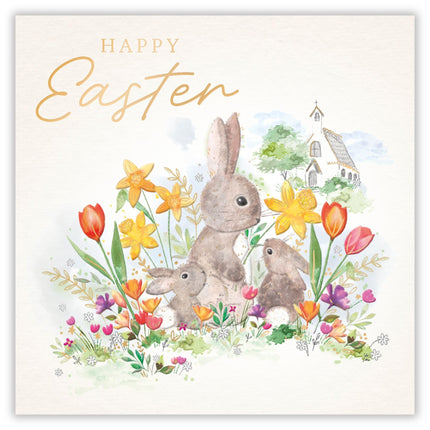 Cute Easter Greeting Cards Pack of 6 - Happy Easter Cards with Bunny Rabbits Spring Daffodil and Tulip Flowers Design - General Multipack for Family, Friends and Children - 127 x 127mm