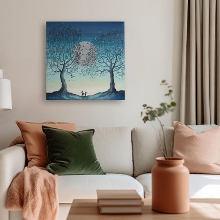 Rabbits, Trees & Moon Canvas Wall Art - 'Hope Moon II' by Catherine J Stephenson - Whimsical Love-Themed Animal Print - Ready to Hang Home Décor - 40cm x 40cm