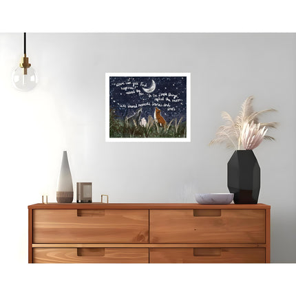 Woodland Wildlife at Night Framed Wall Art Print - 'Simple Things' by Fox Under The Moon - Thoughtful Happiness Picture - 32 x 26cm Frame
