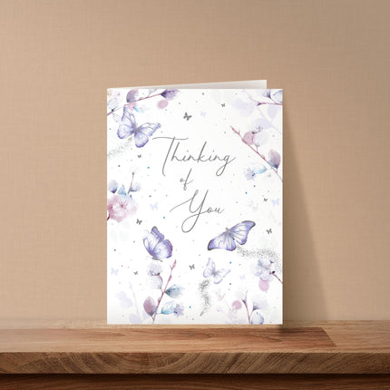 Thinking of You Card - Beautiful Floral Butterflies Design - Embossed Silver Foil Finish - Premium Comforting Thoughts Card with Envelope