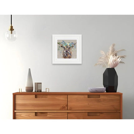 Floral Highland Cow Framed Print Wall Art - Animal Themed Home Decor - Louise Luton Artwork - Ready to Hang 'Bluebell' Painting - 41 x 41 cm