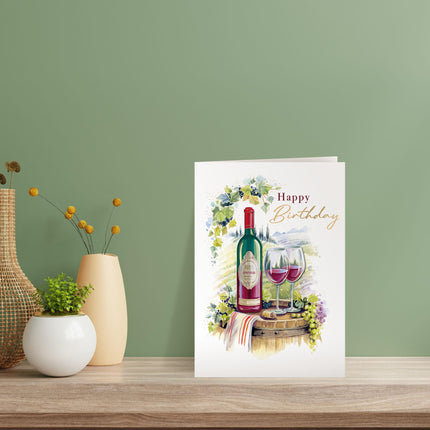 Birthday Card - Lovely Wine & Countryside Design with 3D Embellishments & Foil Finish, Eco-Friendly & Made in the UK