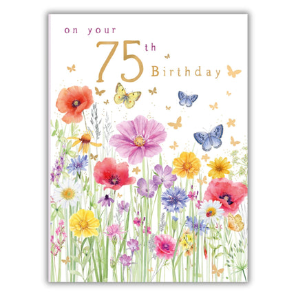 75th Birthday Card for Women - Pretty Floral and Butterfly Design - Vibrant Birthday Greeting Card with Envelope - For Her