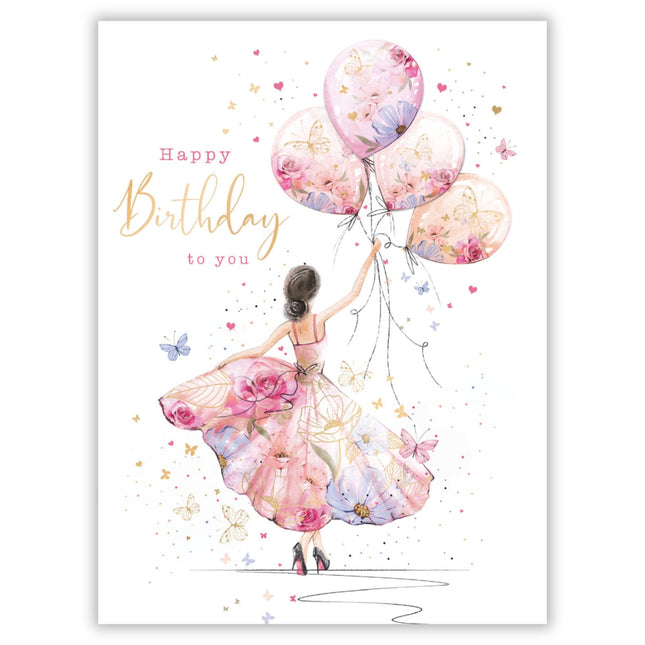Birthday Card - Happy Birthday Card with Girl and Balloons Design and Special Finishes - Birthday Card for Women, Girls