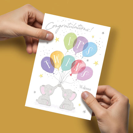 New Baby Twins Congratulations Card - Birth Congratulations Card with Elephants and Balloons Design