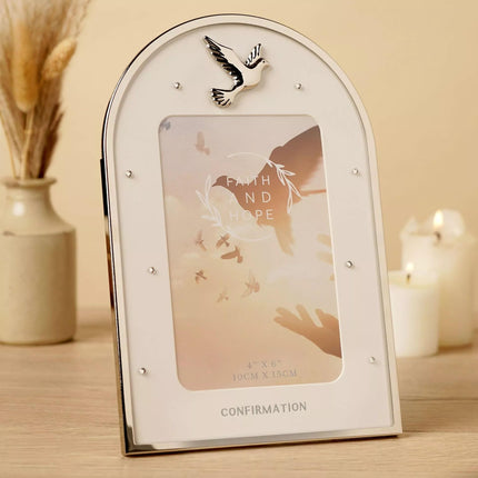 Widdop & Co. Faith & Hope Confirmation Photo Frame 4 x 6 Inch - Religious Confirmation Gift - Freestanding Silver Arch Picture Frame Keepsake