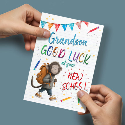 Good Luck at Your New School Card for Grandson - Cute Monkey Design - Premium Greeting Card with Envelope - Eco-Friendly & Recyclable