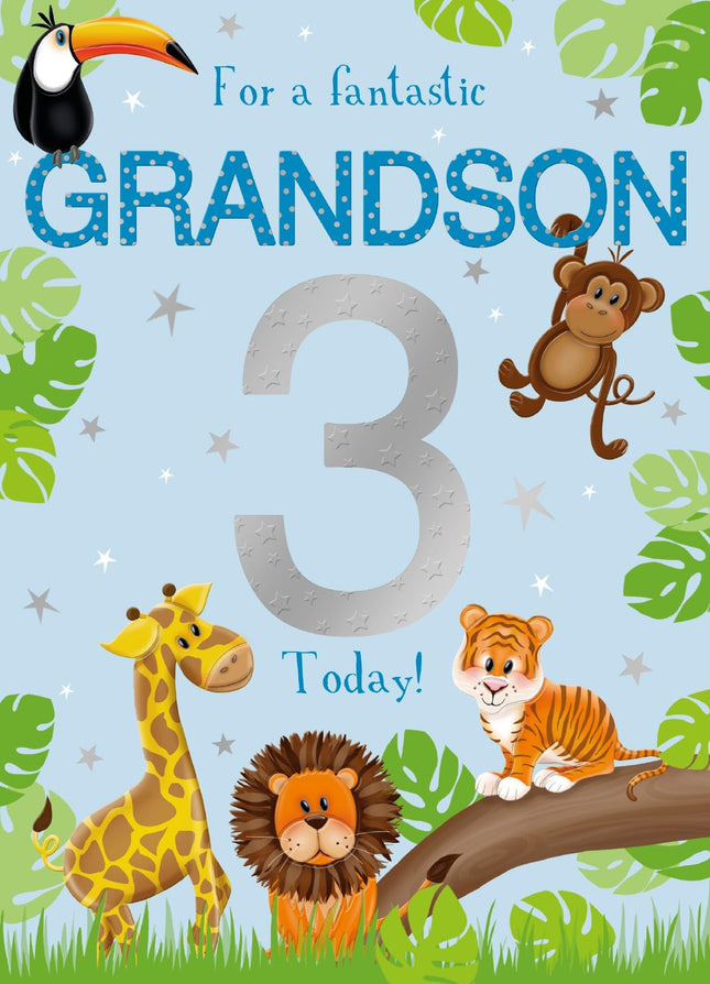 3rd Birthday Card for Fantastic Grandson, Jungle Animals Design