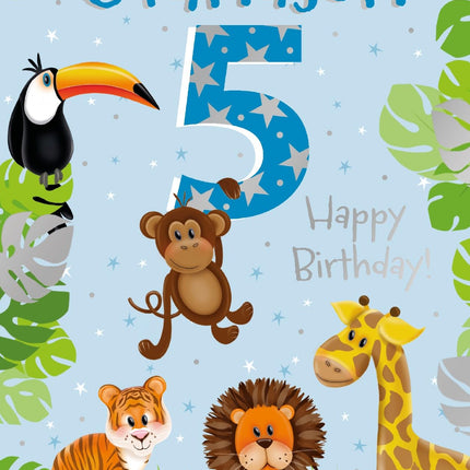 5th Birthday Card for Grandson, Jungle Animals Design