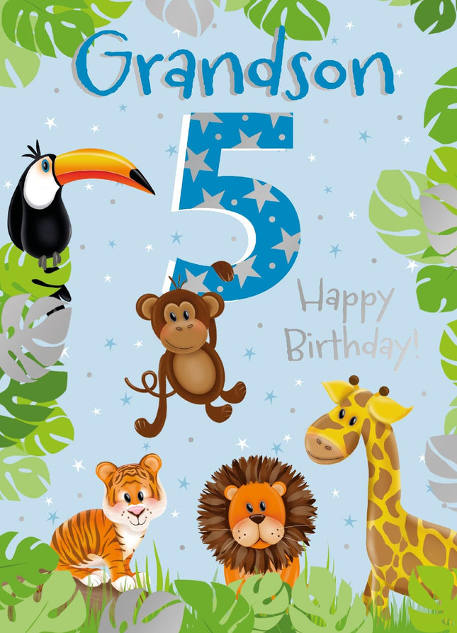 5th Birthday Card for Grandson, Jungle Animals Design