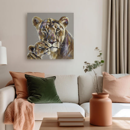 Artistic Lioness & Cub Canvas Wall Art - 'Majestic Bonds' by Louise Luton - African Animal Themed Artwork - Ready to Hang Home Décor - 40cm x 40cm