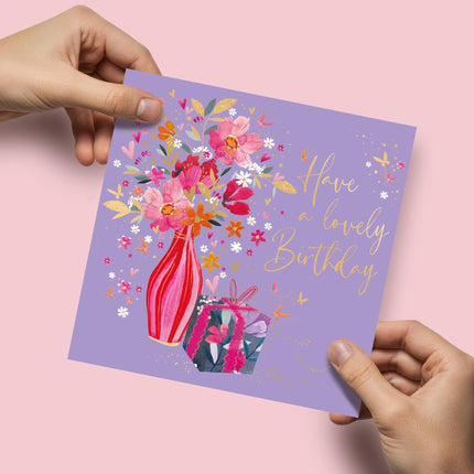 Birthday Card for Women - Pretty Flowers & Present Design - Embossed Gold Foil Finish - Premium Special Birthday Greeting Card with Envelope for Her
