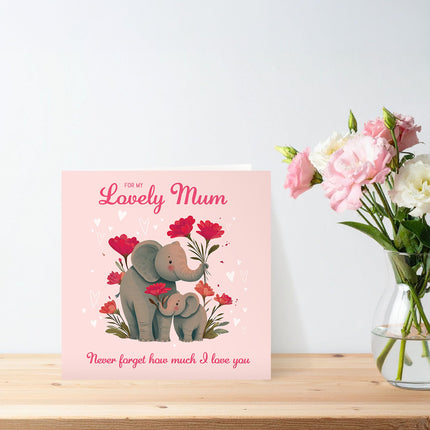 Card for Lovely Mum - Cute Elephants & Flowers Design - Premium Greeting Card with Envelope - Blank Inside - Suitable for Birthday or Mother's Day - Eco-Friendly & Recyclable