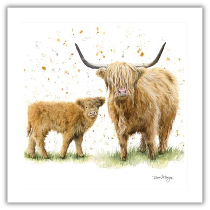 Birthday Card for Men or Women - Bree Merryn Highland Cow and Calf Watercolour Design - Blank Inside - Animal Greeting Card for Him or Her