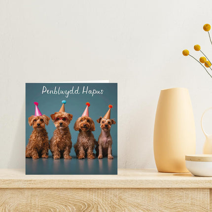 Welsh Birthday Card, Party Dogs, Penblwydd Hapus