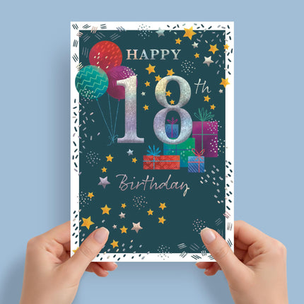 18th Birthday Card for Him, Age 18 Modern Balloons & Stars Design