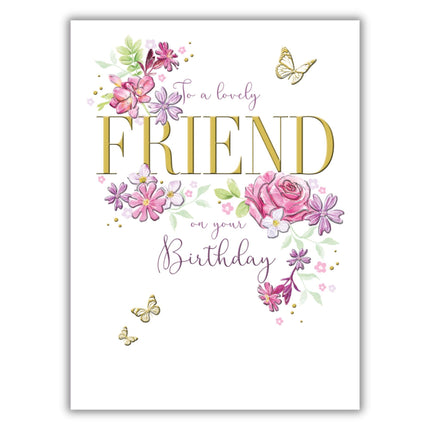 Birthday Card for Friend - Pretty Floral & Butterfly Design - Birthday Greeting Card with Envelope - For a Lovely Friend - For Her
