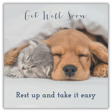 Get Well Soon Card - Cute Kitten & Puppy Design - 'Rest up and Take it Easy' - Adorable & Uplifting Greeting Card For Recovery