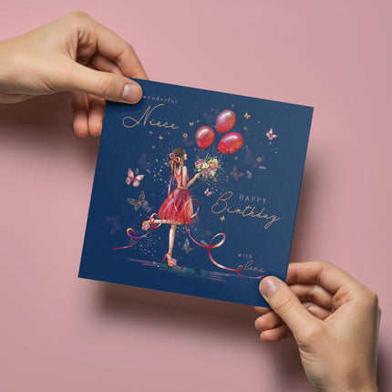 Birthday Card for Niece - Elegant Girl & Floral Butterfly Design - Premium Greeting Card with Envelope