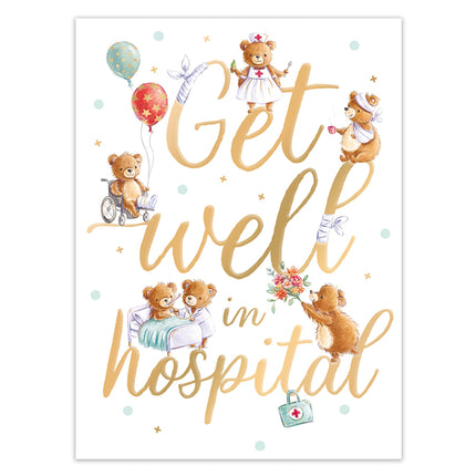 Get Well Soon Card for Hospital Stay - Teddy Bear Nurse Design with Embossed Foil Finish, Eco-Friendly & Made in the UK