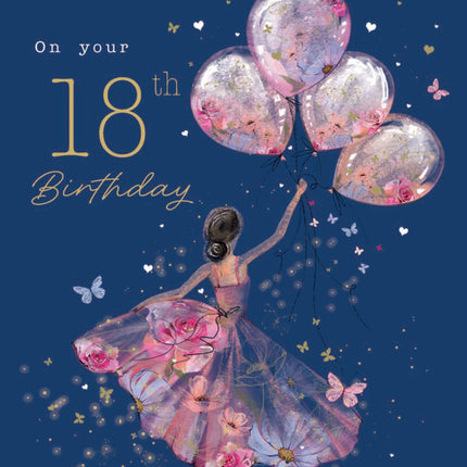 18th Birthday Card for Daughter - Age 18 Elegant Girl & Floral Balloons Design - Premium Greeting Card with Envelope