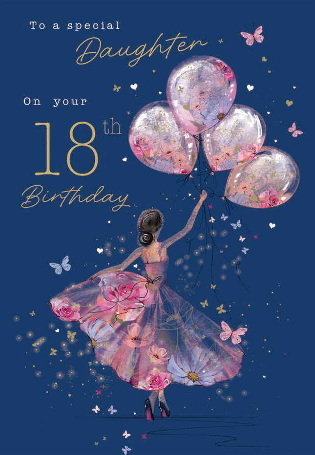 18th Birthday Card for Daughter - Age 18 Elegant Girl & Floral Balloons Design - Premium Greeting Card with Envelope