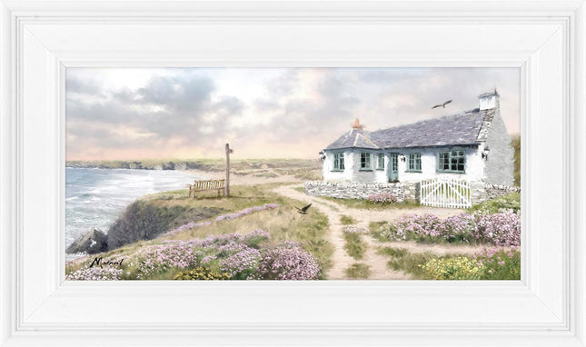 Coastal Cottage Framed Print Wall Art - Contemporary Scenic Home Decor - Richard Macneil Artwork - Ready to Hang 'Cliff Top Cottage' Painting - 49 x 29cm
